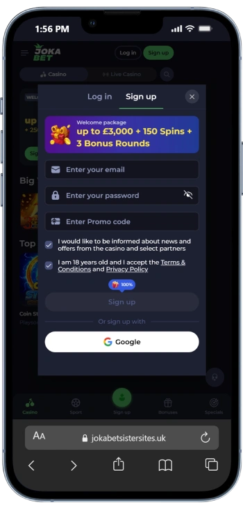 Jokabet mobile sign in page